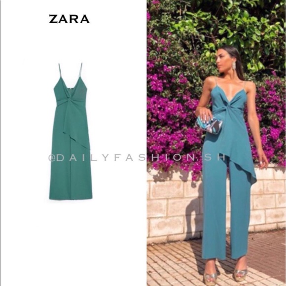 NWT Zara Emerald Green Knotted Jumpsuit - Picture 2 of 8
